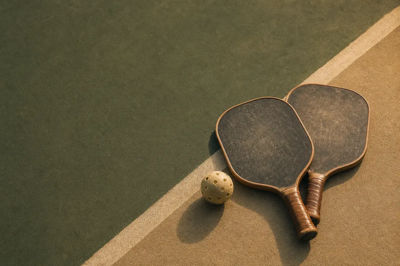 Two pickleball paddles and a ball resting on a green and sand court